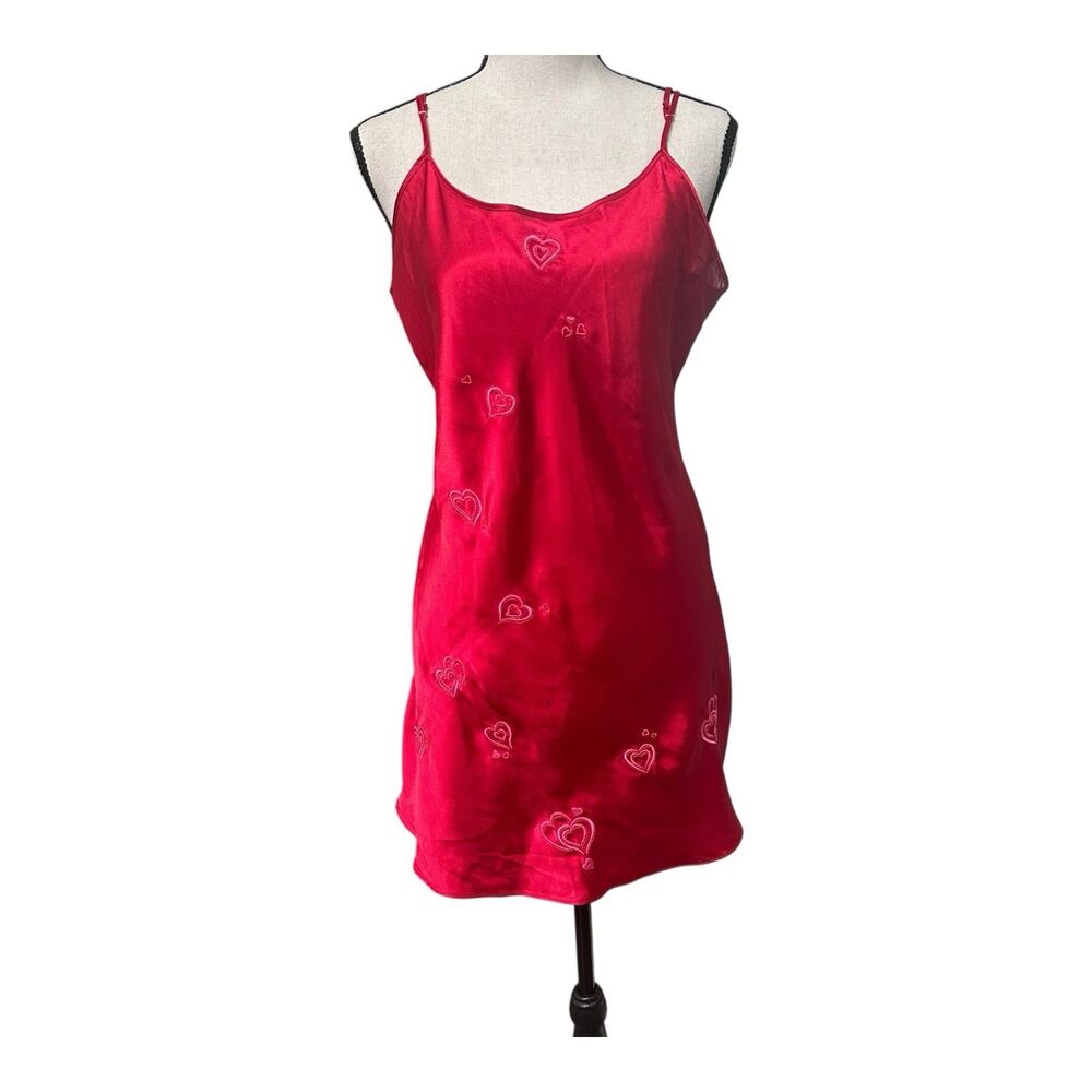 Vintage Inner Most Red Satin Heart Embroidered Slip Dress - Large